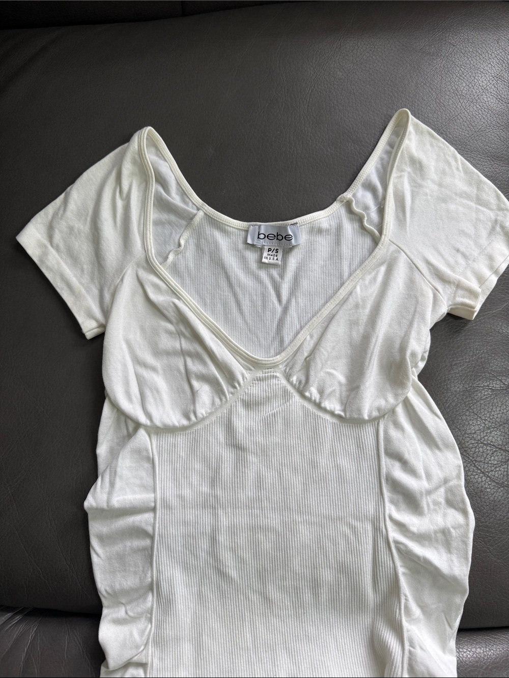 bebe Off-White Short Sleeve Ruched Ribbed Knit Top - Picture 2 of 5